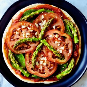 Unbaked veggie pizza assembled on a pita crust, topped with marinara sauce, fresh asparagus, sliced tomatoes, spinach, garlic, and a dash of oregano, ready to be placed in the oven.