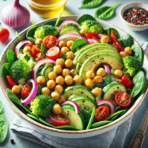 A colorful bowl of Chickpea Caesar Salad topped with garlicky chickpeas and drizzled with homemade vegan Caesar dressing