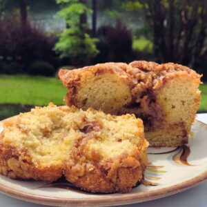 A slice of vegan Cinnamon Streusel Coffee Cake on a beautifully hand-painted Gail Pittman plate, set outdoors on a sunny day, surrounded by lush greenery.