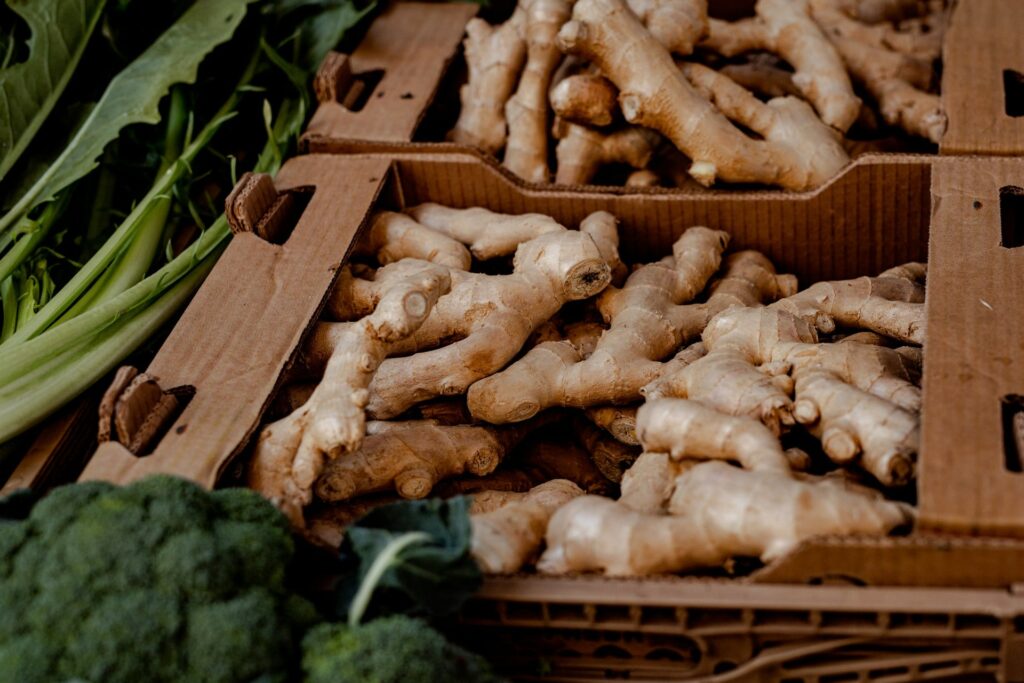 Fresh ginger root with its golden, knobby surface, a powerful superfood rich in gingerol, known for supporting immunity.