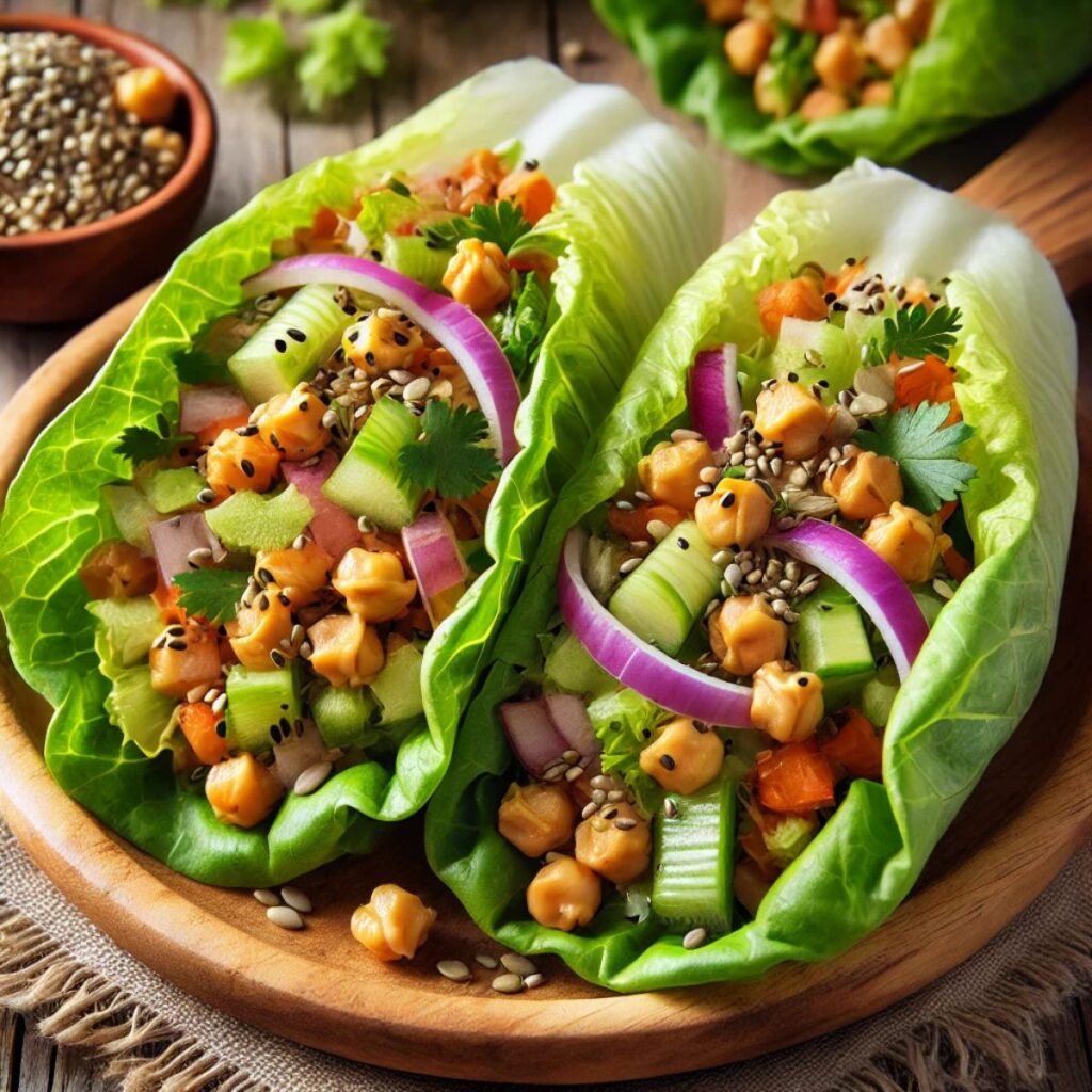 A plate of high protein chickpea salad lettuce wraps made with chickpeas, creamy tahini, hemp seeds, and crunchy veggies, all wrapped in crisp romaine leaves for a light and satisfying healthy weight loss meal.